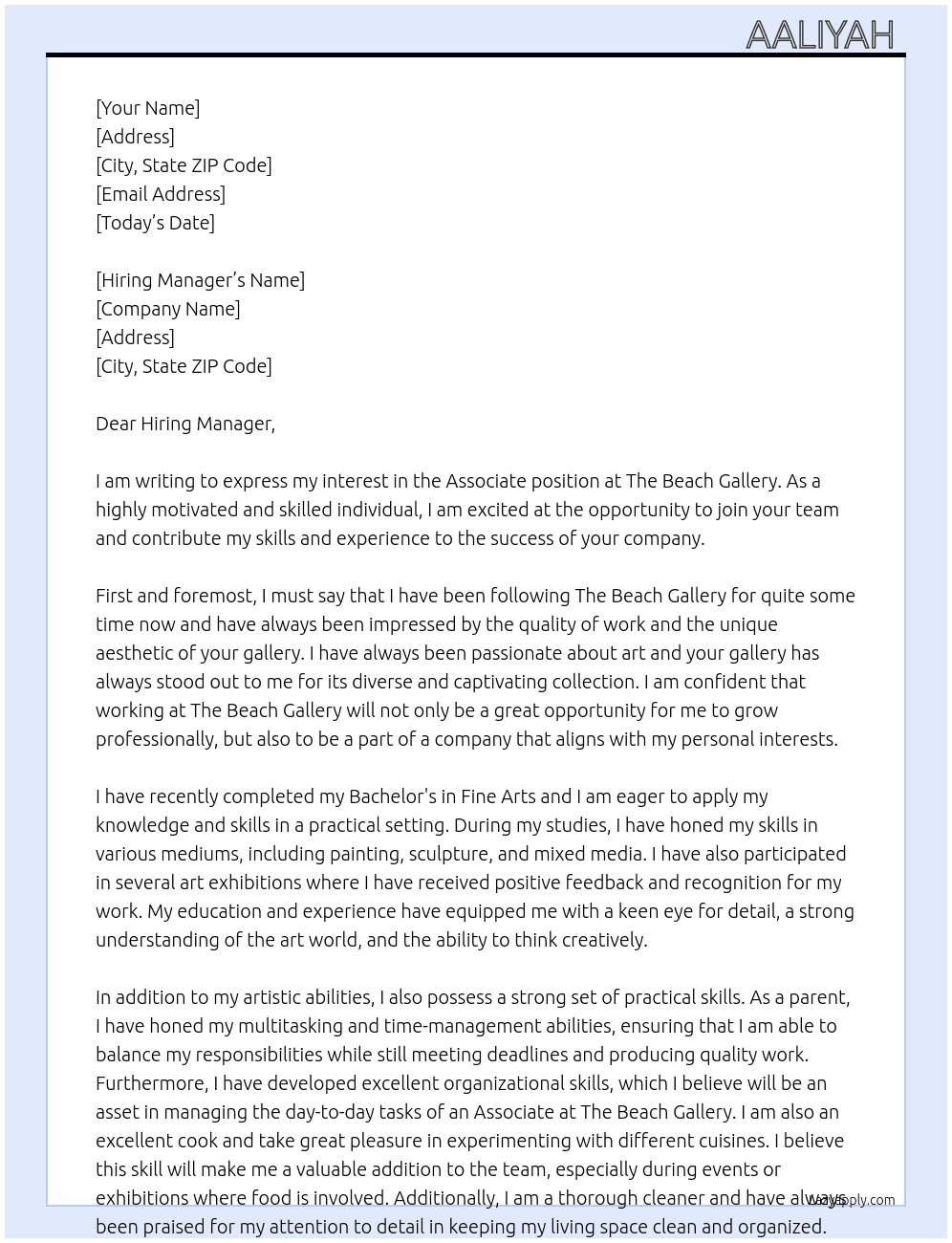 Associate At the beach gallery Cover Letter