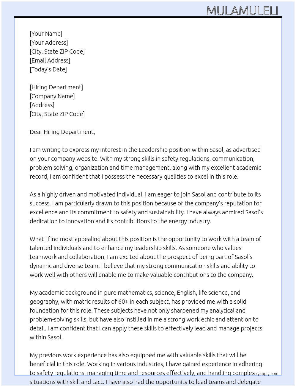 Leadership  At Sasol Cover Letter
