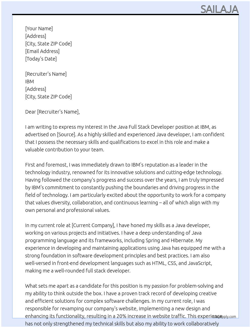 Java Full stack developer At IBM Cover Letter