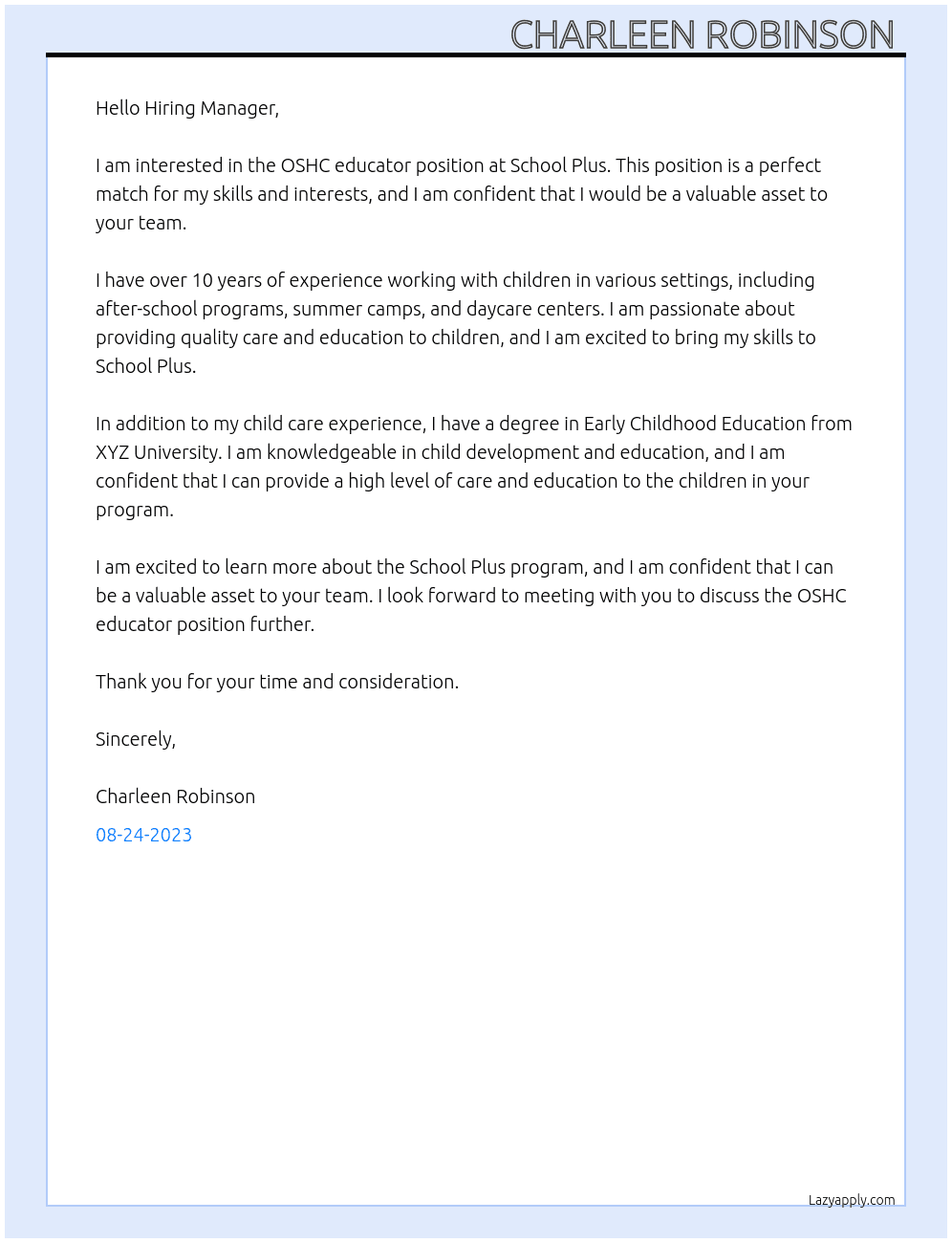 OSHC educator  At School plus  Cover Letter