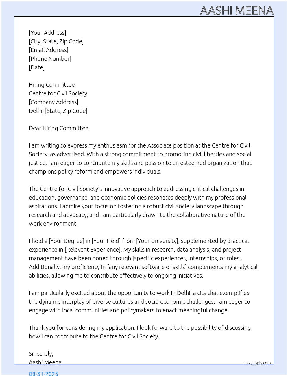 Associate At Centre for Civil Society Cover Letter