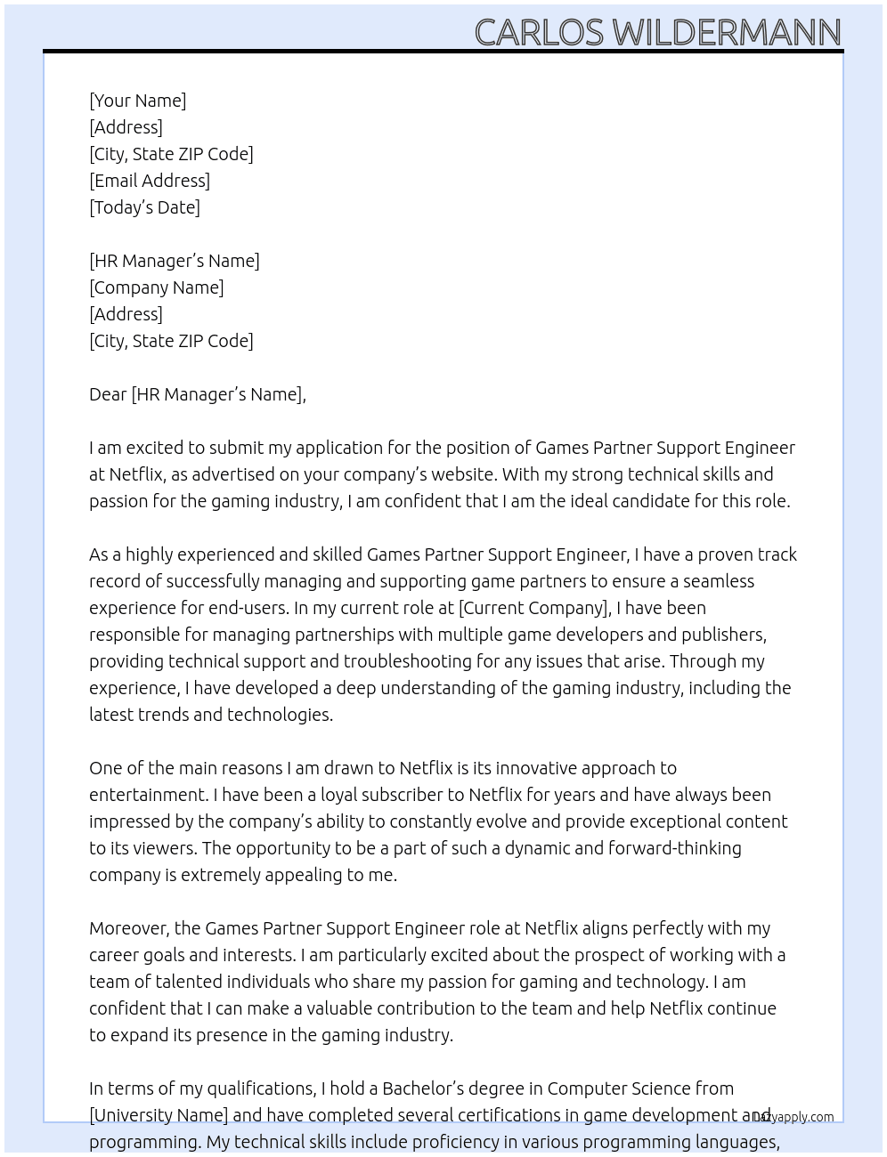 Games Partner Support Engineer At Netlfix Cover Letter