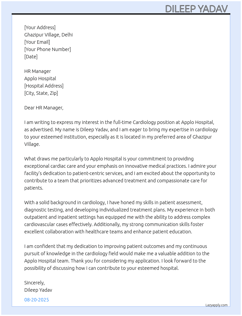 Cardiology  At Applo hospital  Cover Letter