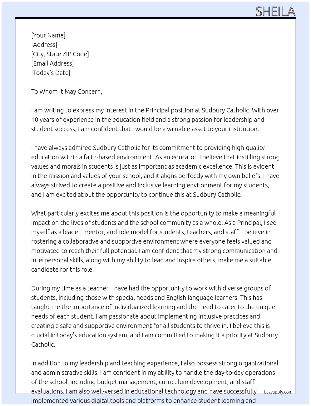Principal At Sudbury Catholic  Cover Letter