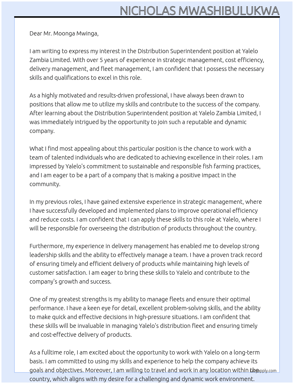 Distribution Superintendent At Yalelo Zambia Limited Cover Letter