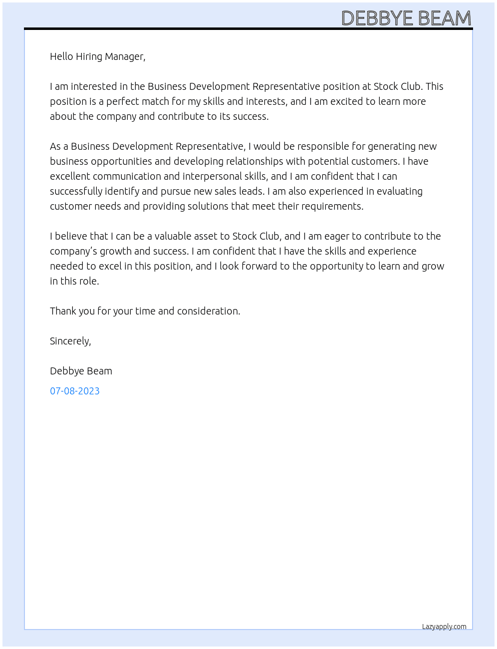 Business Development Representative At Stock Club Cover Letter