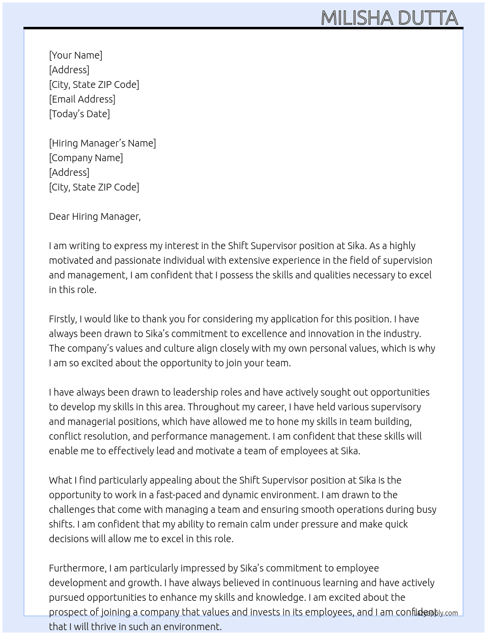 Shift Supervisor  At Sika  Cover Letter