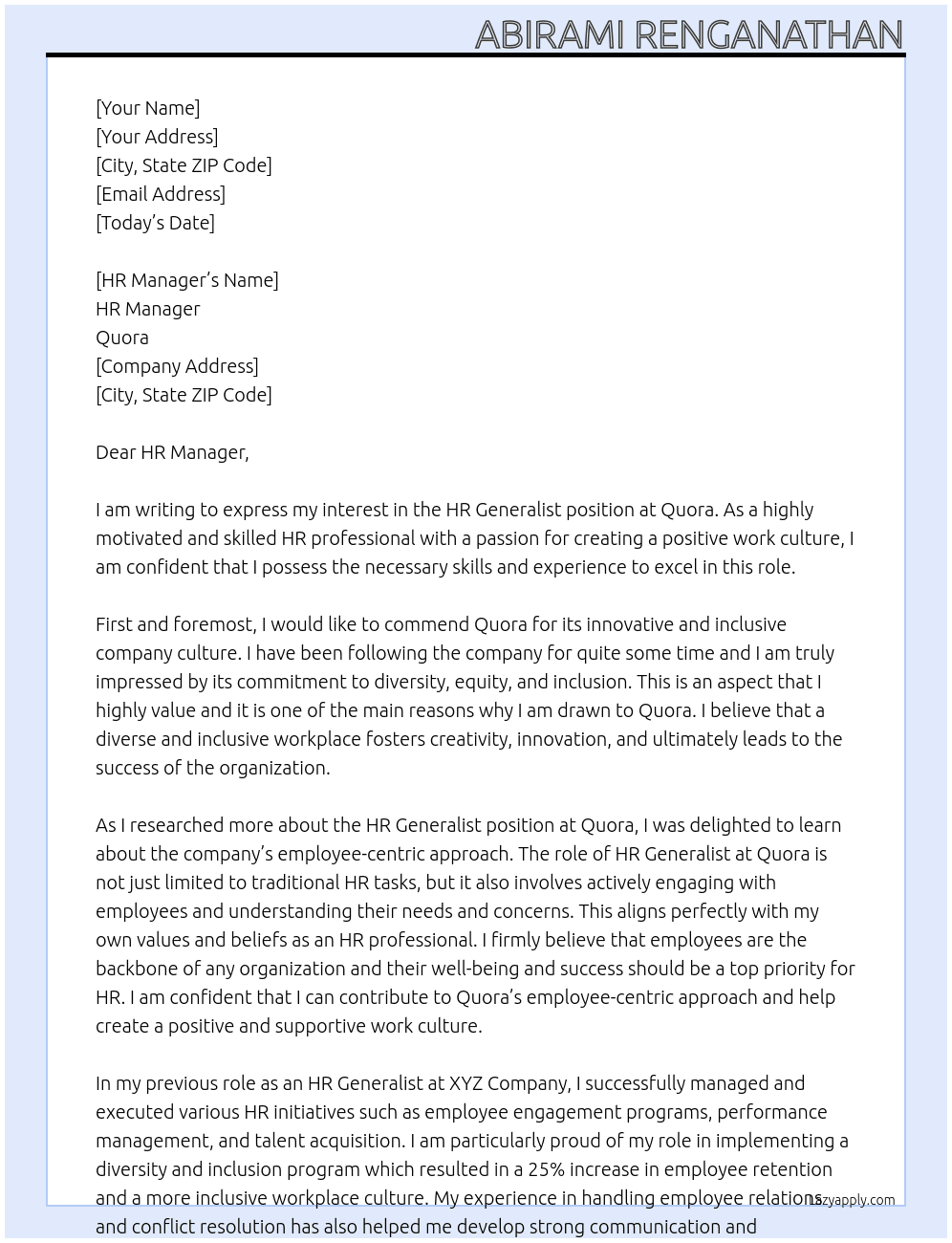 HR Generalist At QUORA Cover Letter