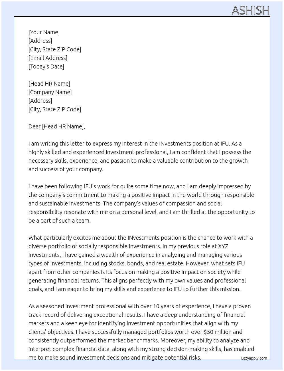 INvestments At IFU Cover Letter
