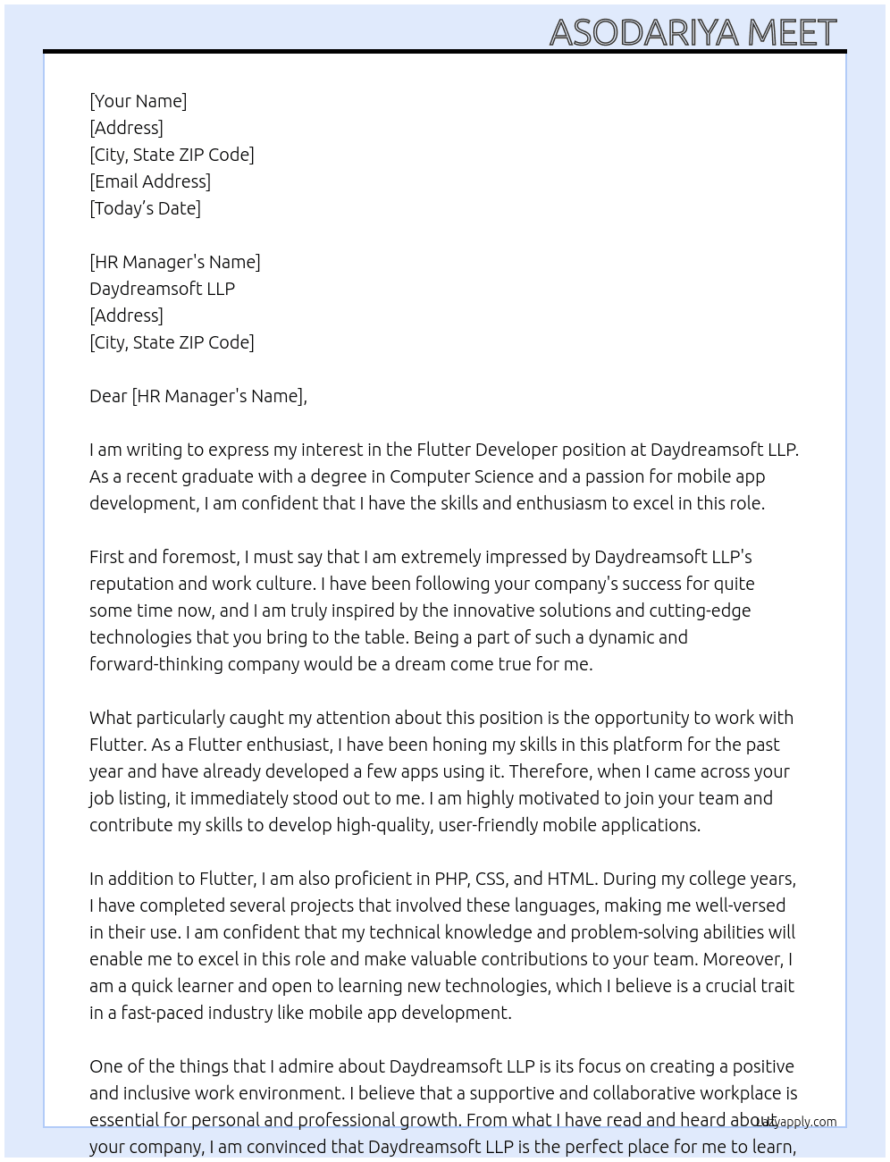 Flutter devloper  At Daydreamsoft LLP Cover Letter