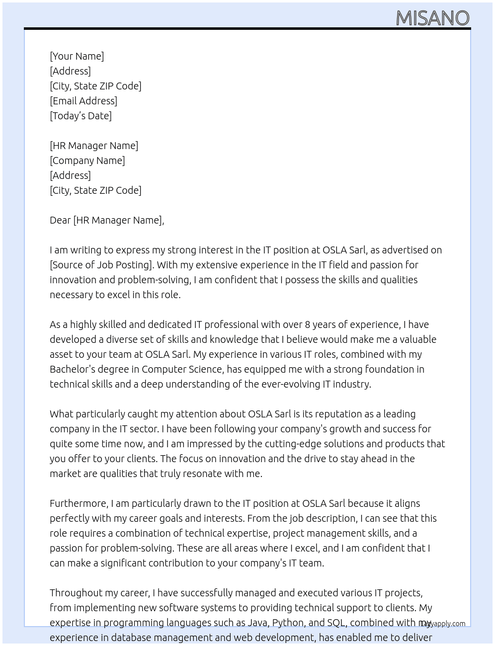 IT At OSLA Sarl Cover Letter