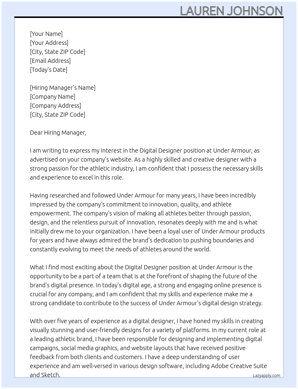 Digital Designer At Under Armour Cover Letter