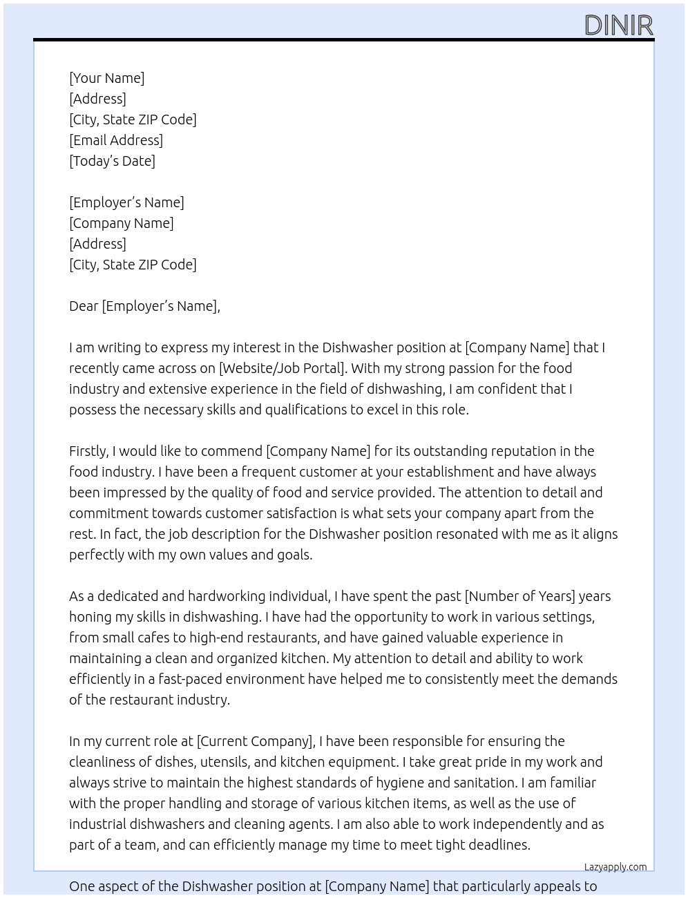 Dishwasher  At Dishwasher  Cover Letter