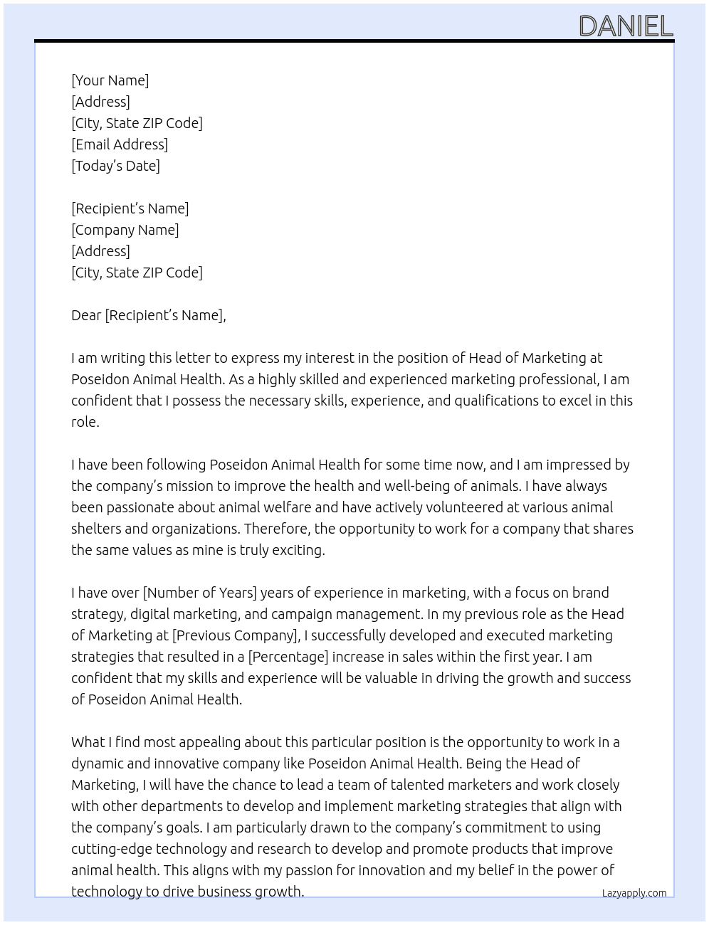 Head of Marketing At Poseidon Animal Health Cover Letter
