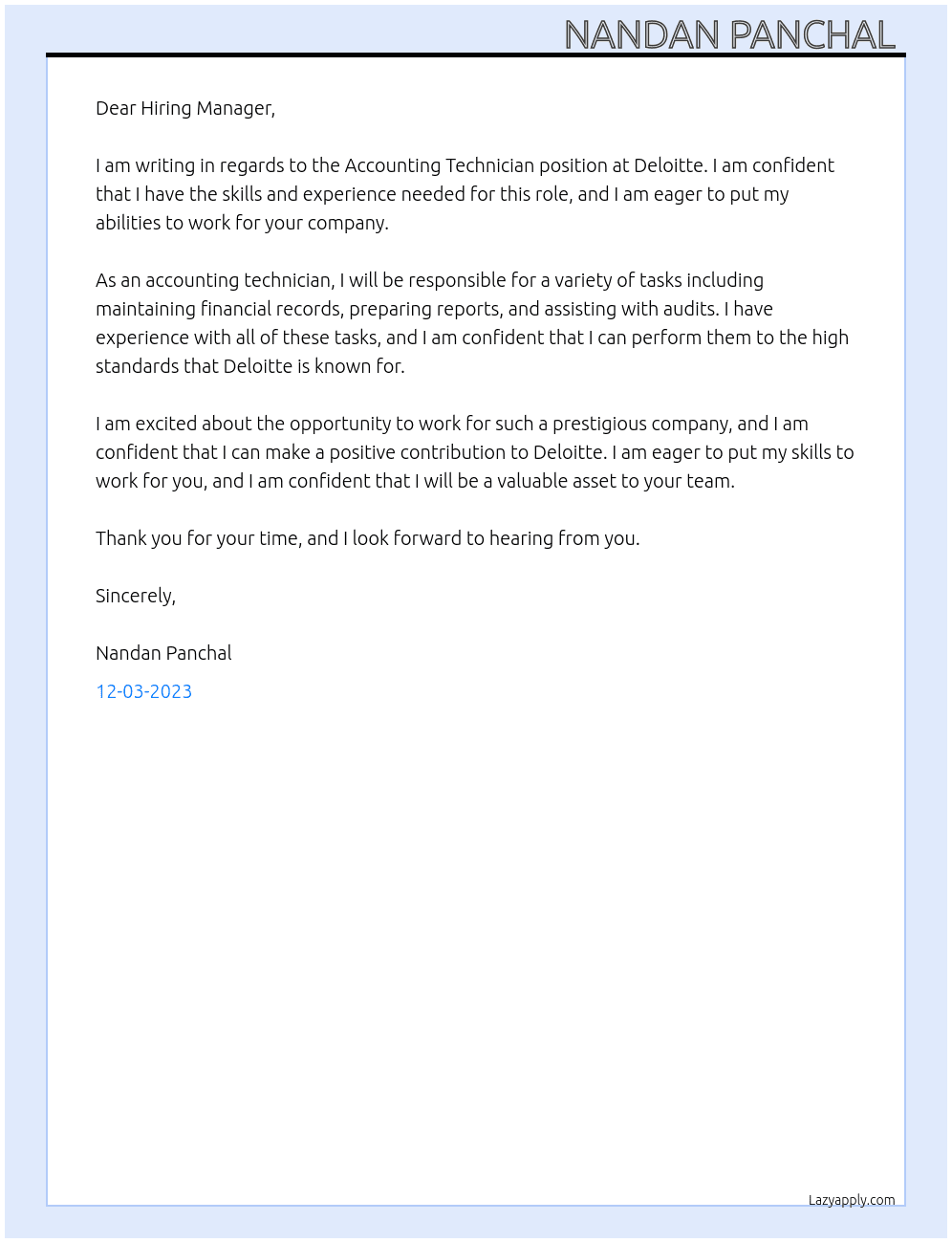 Accounting Technician  At Deloitte  Cover Letter