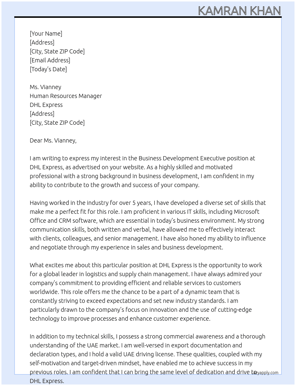 Business Development Executive At DHL Express Cover Letter