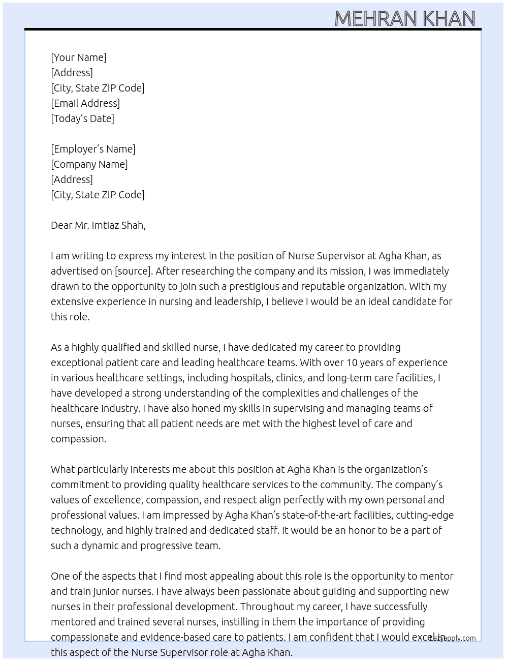nurse super visor At agha khan  Cover Letter