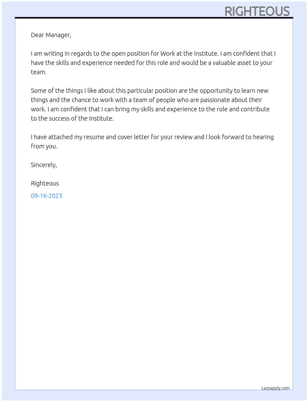 Work  At Institute  Cover Letter