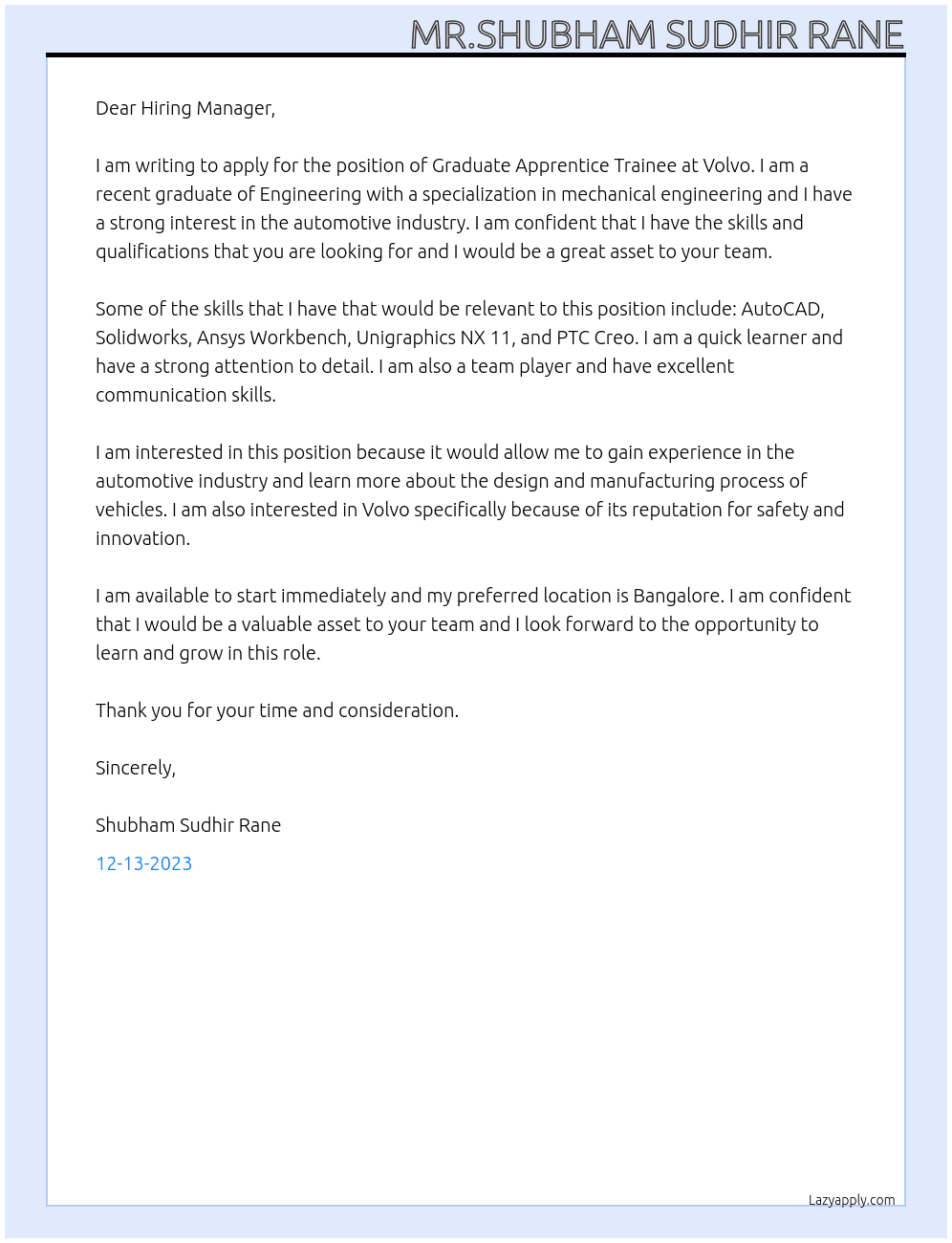 Graduate Apprentice Trainee At Volvo Cover Letter