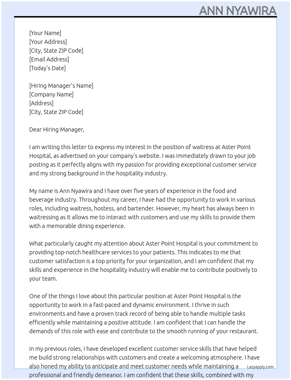 waitress At Aster point Hospital  Cover Letter