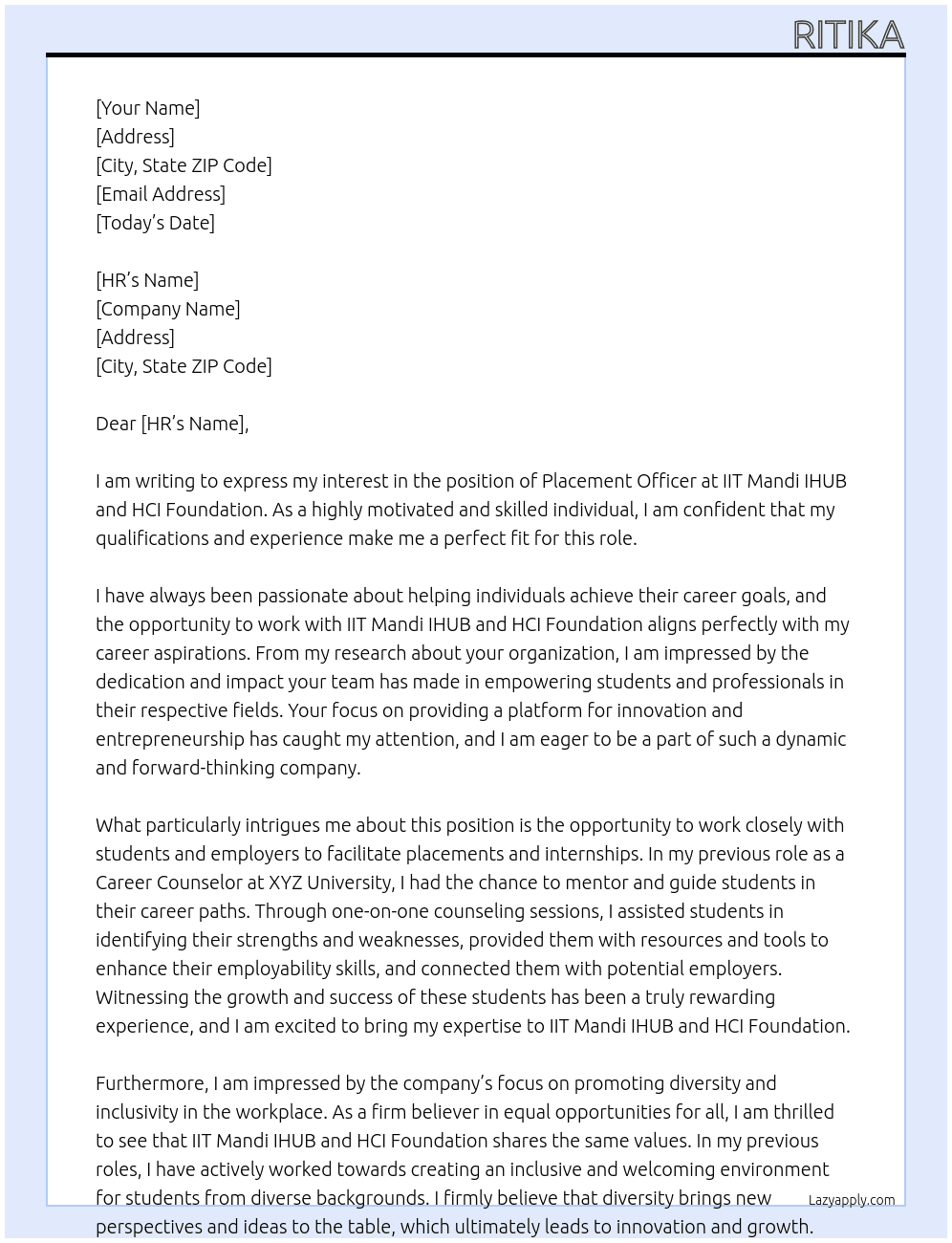 PLACEMENT OFFICER At IIT MANDI IHUB AND HCI FOUNDATION Cover Letter