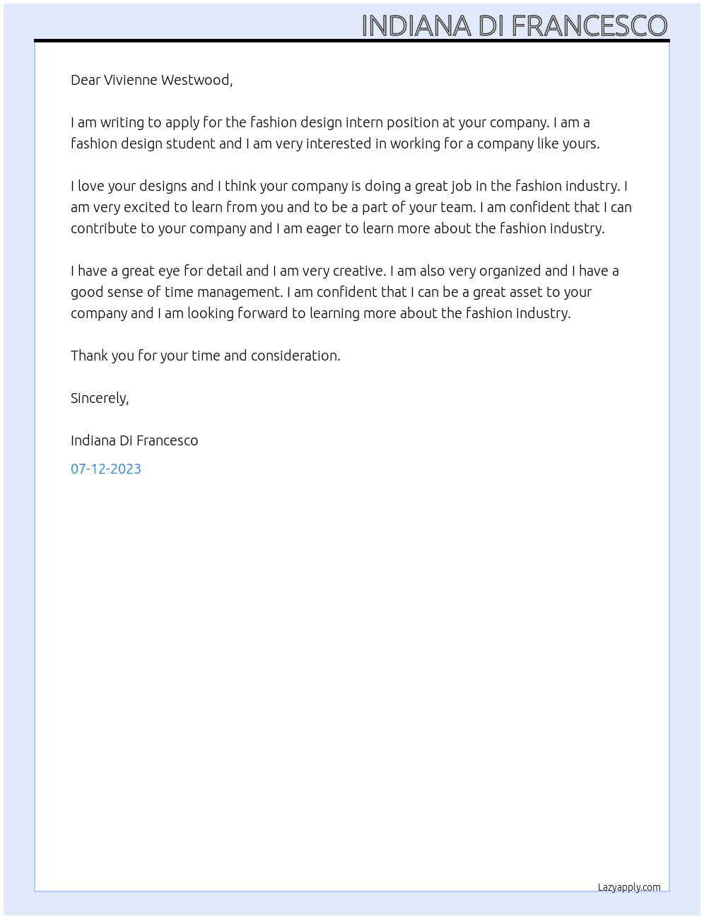 Fashion design intern At Vivienne Westwood Cover Letter