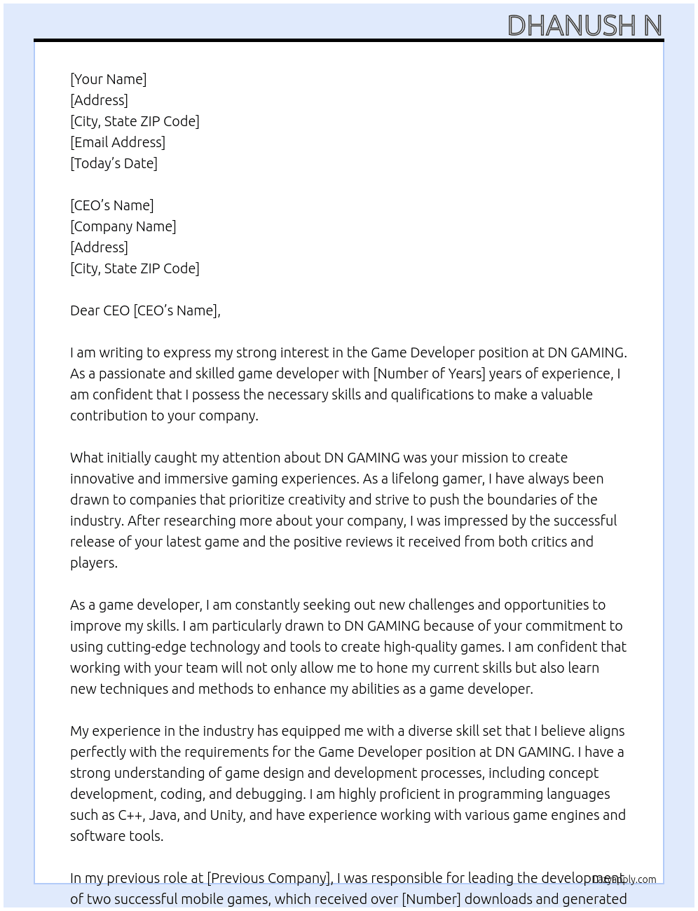 Game developer  At DN GAMING  Cover Letter