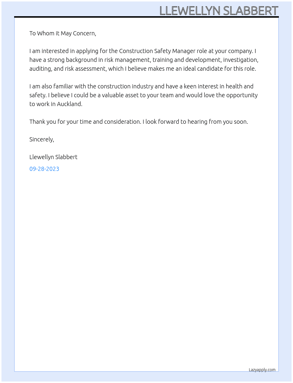 Construction Safety Manager At Health, Safety and Wellbeing Coordinator Cover Letter