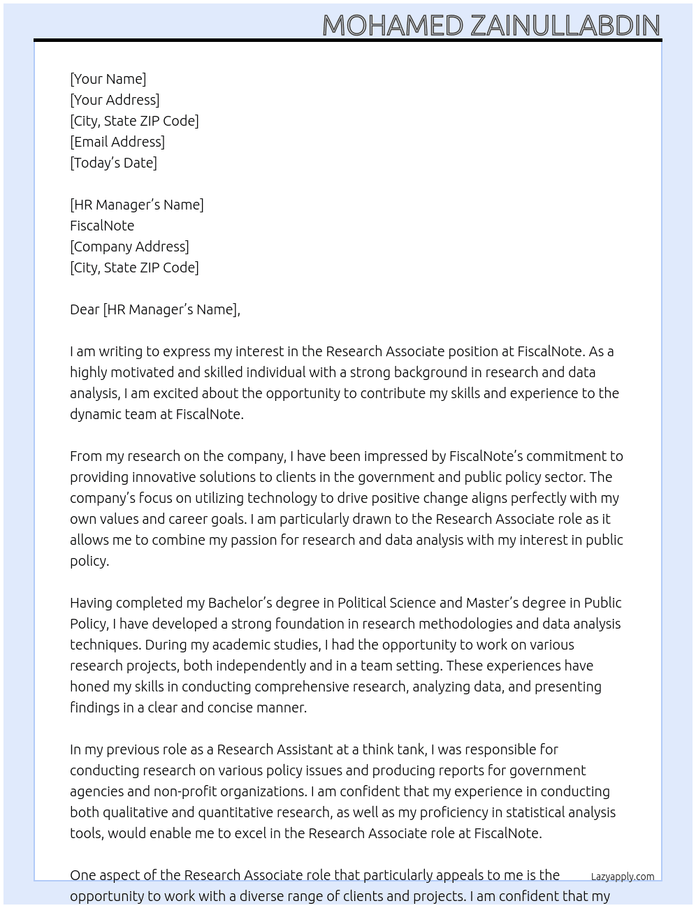 Research Associate  At FiscalNote Cover Letter