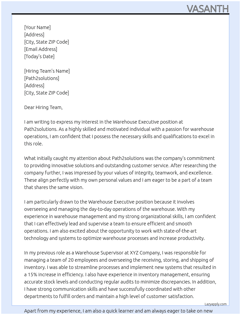 Warehouse Executive At Path2solutions Cover Letter