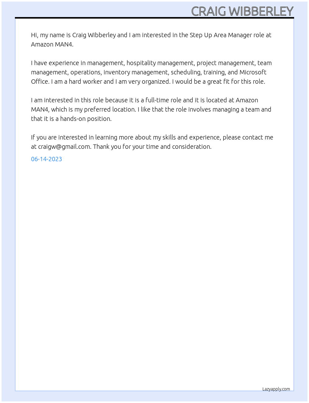 Step Up Area Manager At Amazon MAN4 Cover Letter