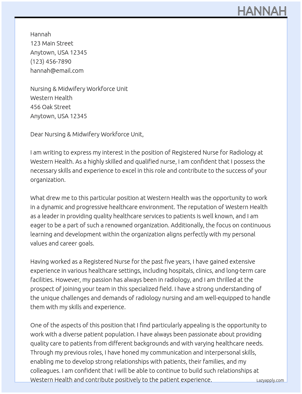 Registered Nurse for radiology At Western Health Cover Letter