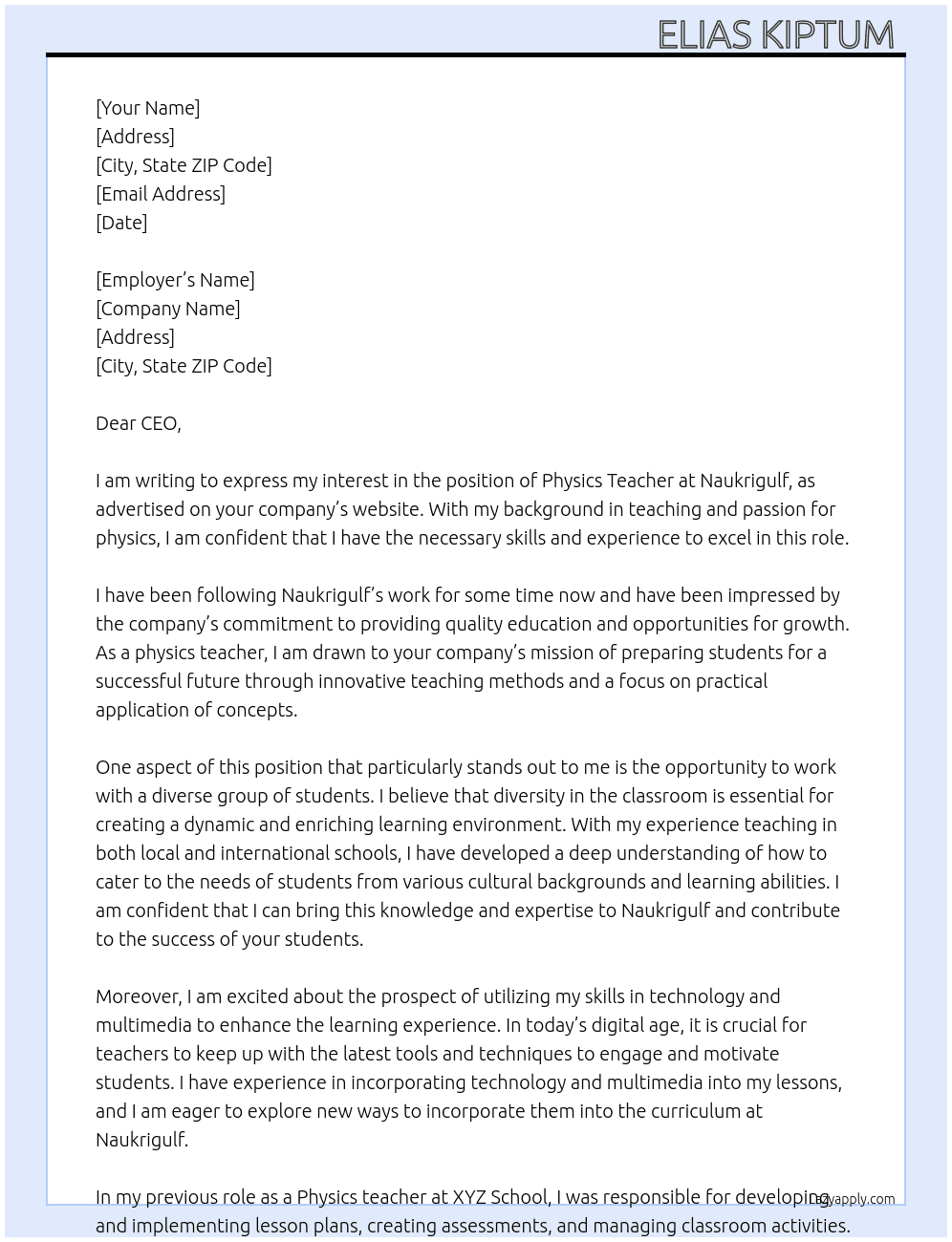 Physics teacher  At Naukrigulf Cover Letter