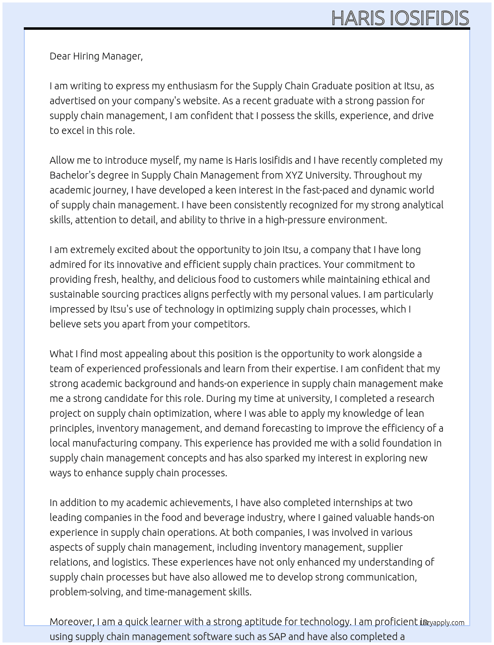 Supply Chain Graduate At Itsu Cover Letter