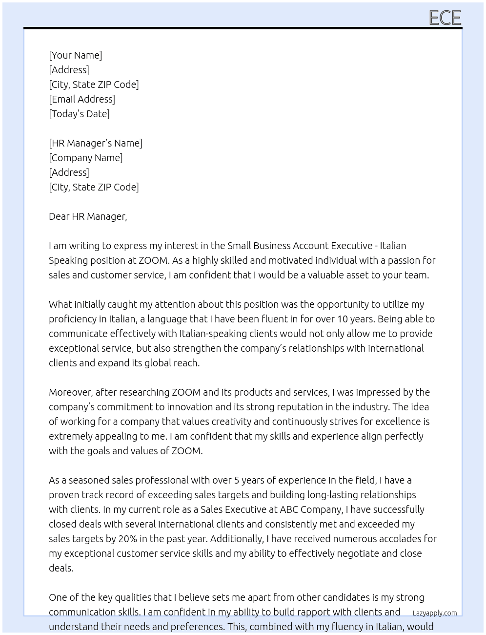 Small Business Account Executive - Italian Speaking At ZOOM Cover Letter