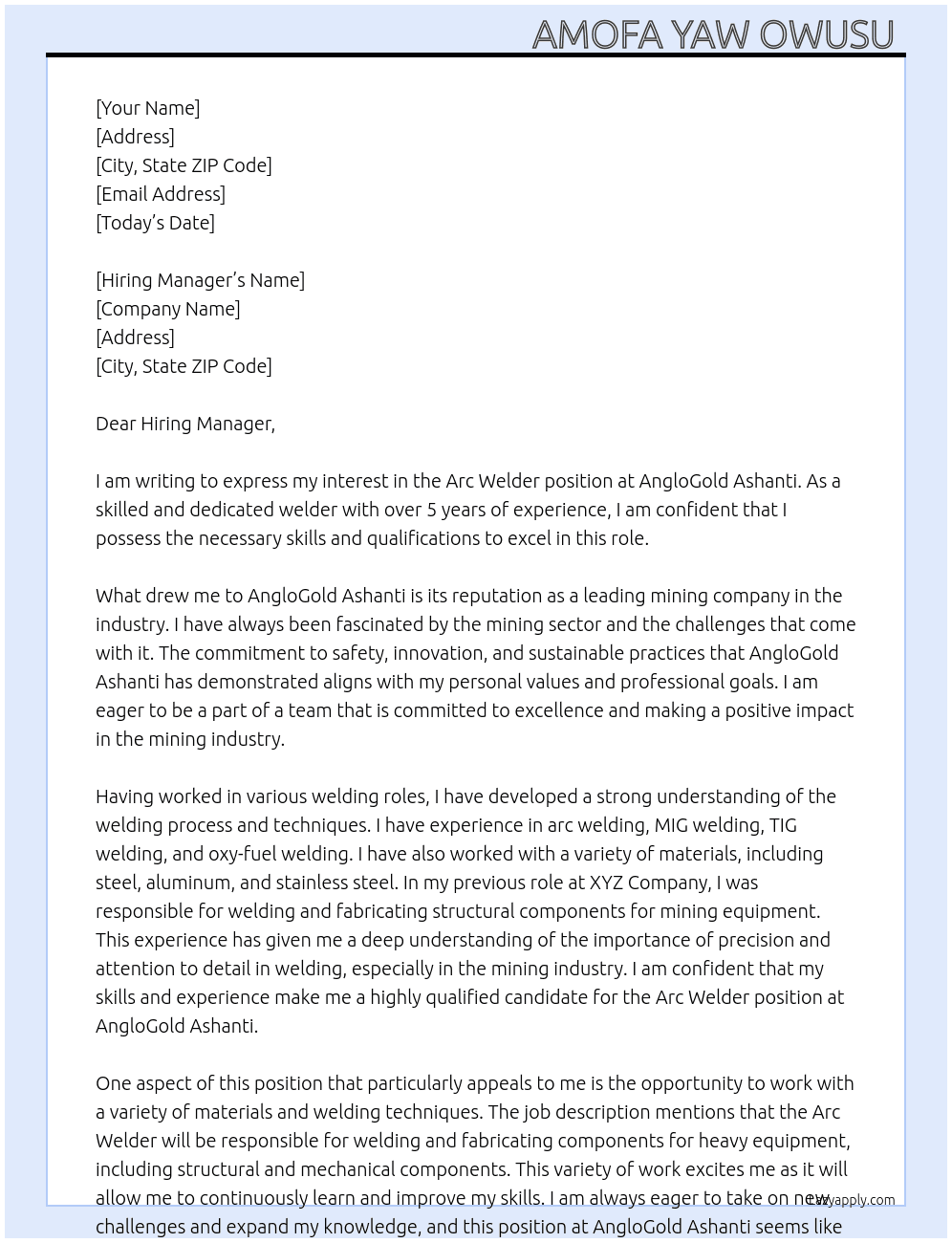 Arc Welder  At AngloGold Ashanti  Cover Letter