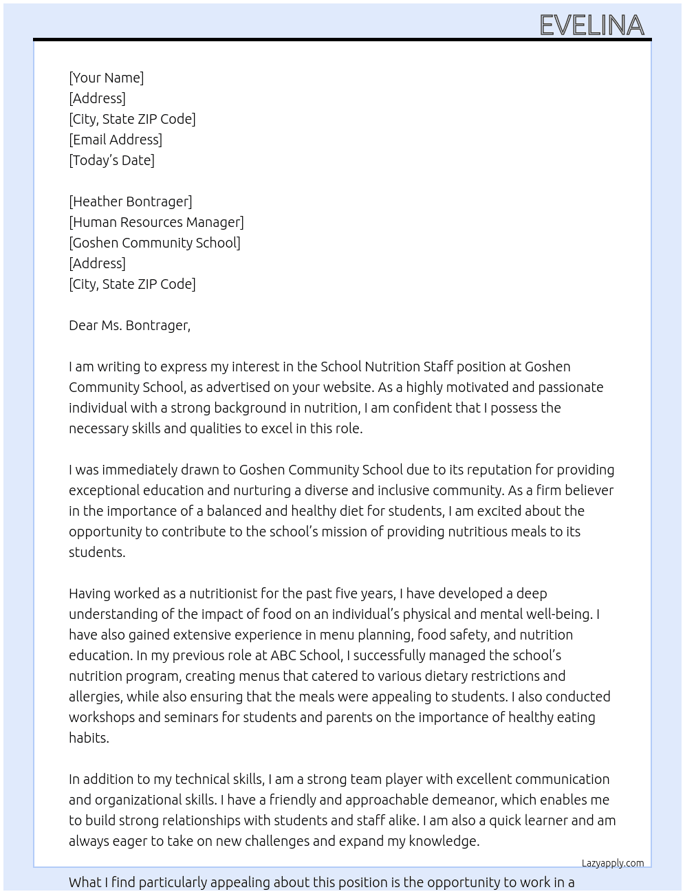 School nutrition stuff  At Goshen community school  Cover Letter