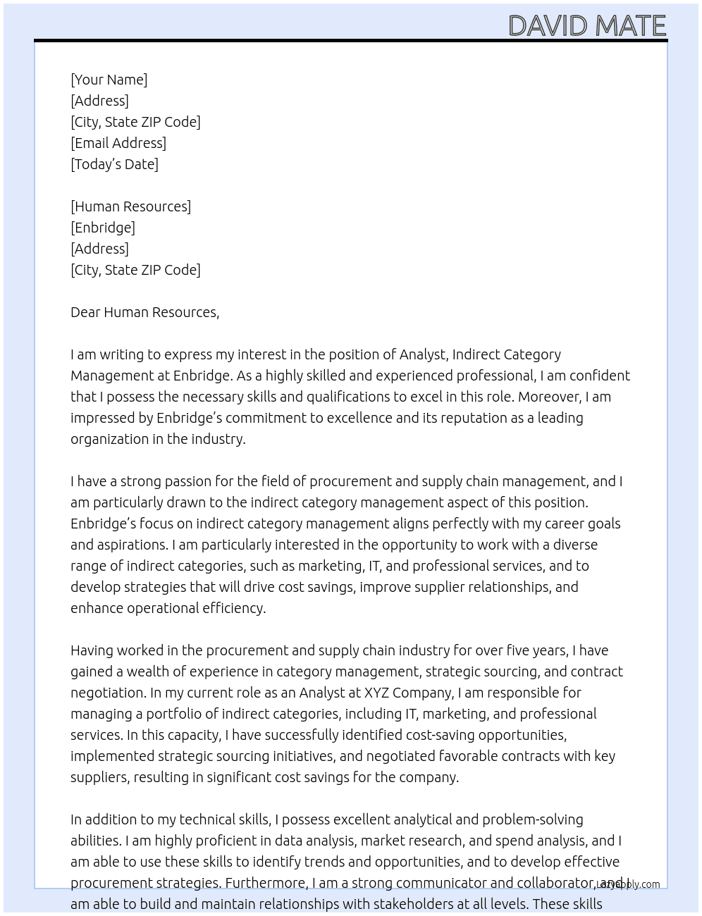 Analyst, indirect category management At Enbridge Cover Letter