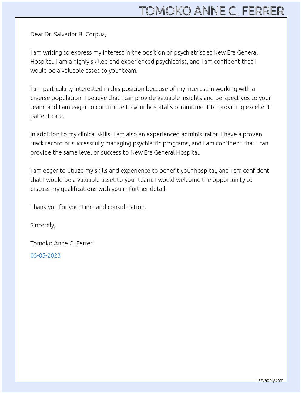 psychiatrist  At New Era General Hospital  Cover Letter