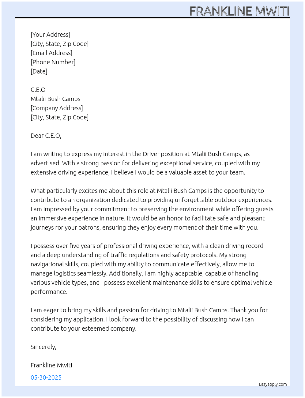 Driver  At Mtalii bush camps Cover Letter