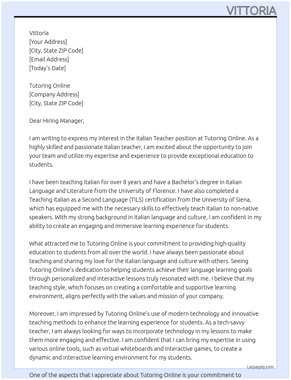 Italian teacher At Tutoring online Cover Letter