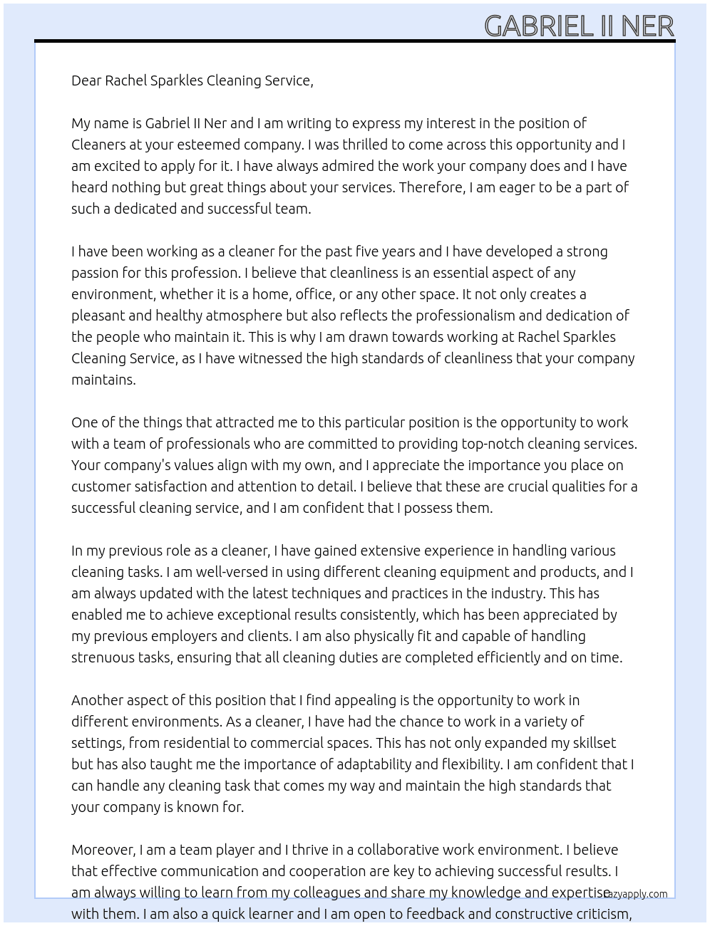 Cleaners At Rachel Sparkles Cleaning Service Cover Letter