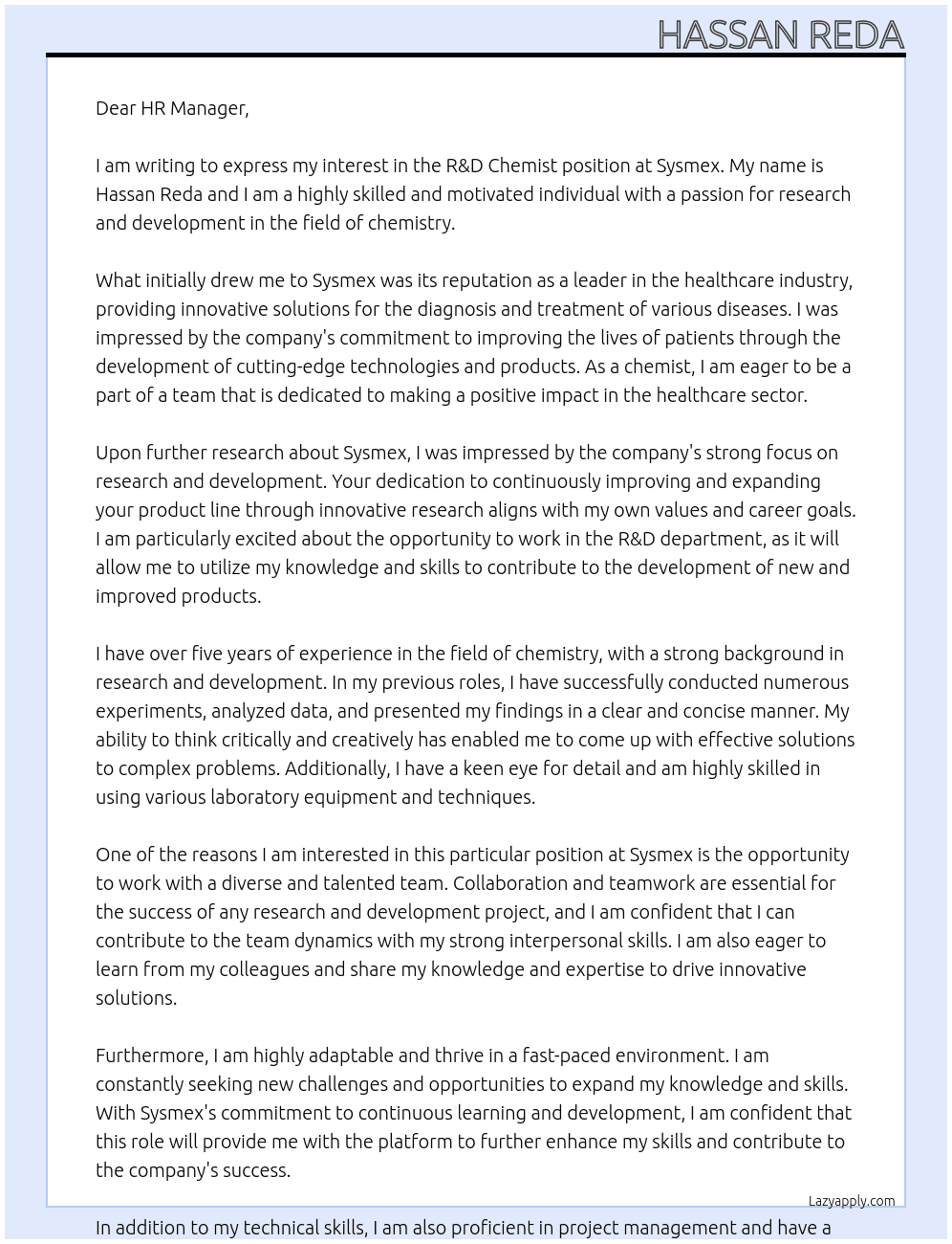 R&D Chemist At Sysmex Cover Letter