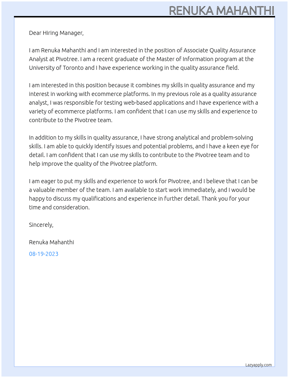 Associate quality assurance analyst  At Pivotree  Cover Letter