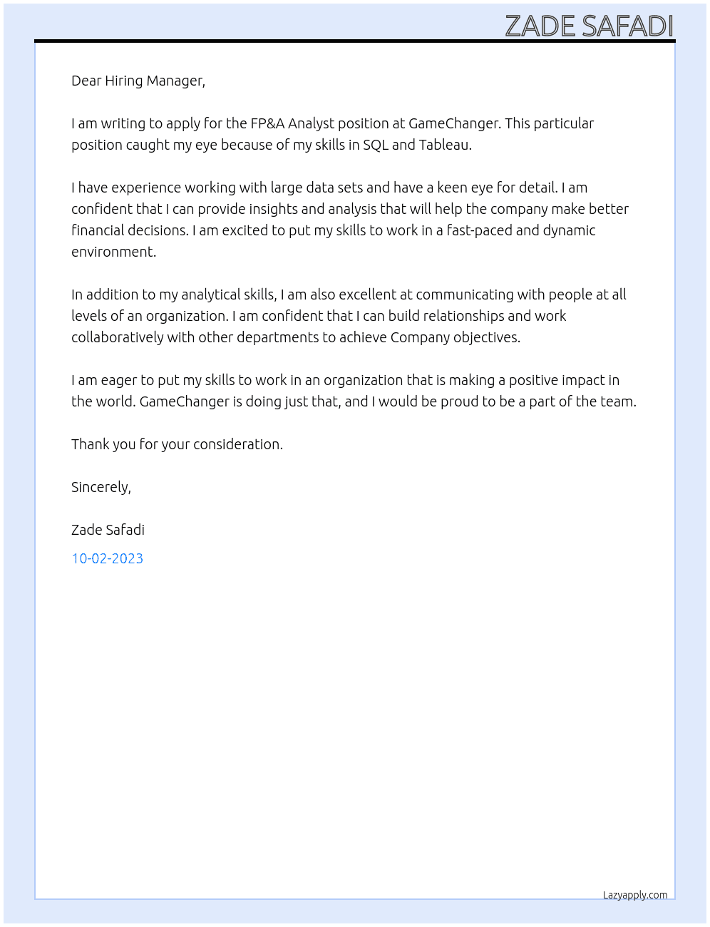 FP&A Analyst At GameChanger Cover Letter