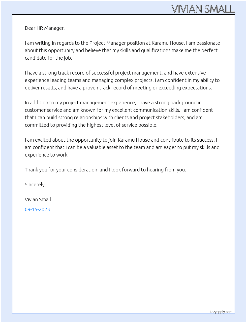 Project Manager At Karamu House Cover Letter