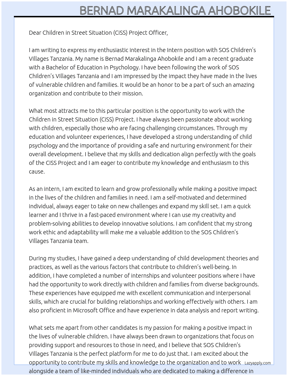 Intern  At SOS Children’s Villages Tanzania Cover Letter