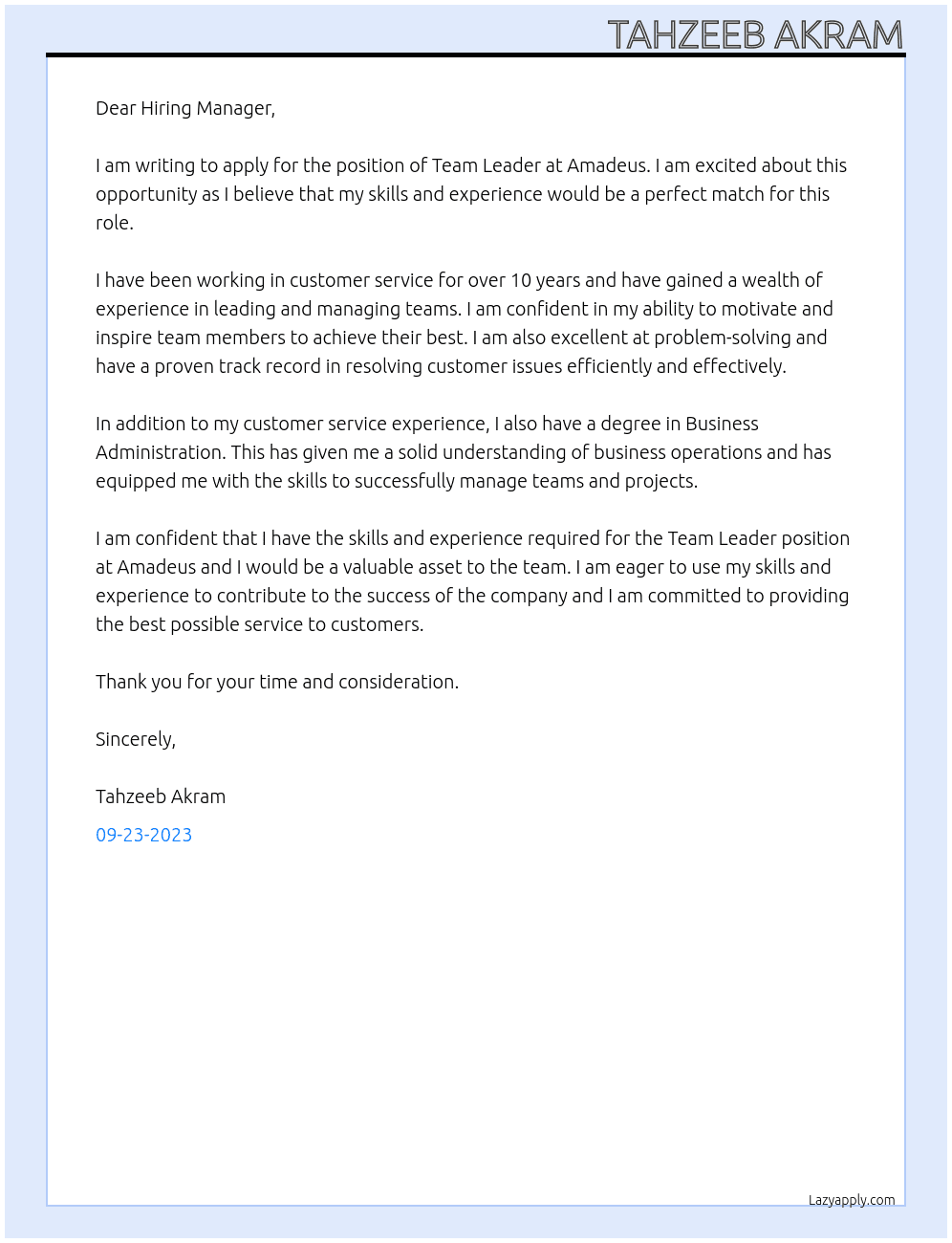 Team Leader At Amadeus Cover Letter