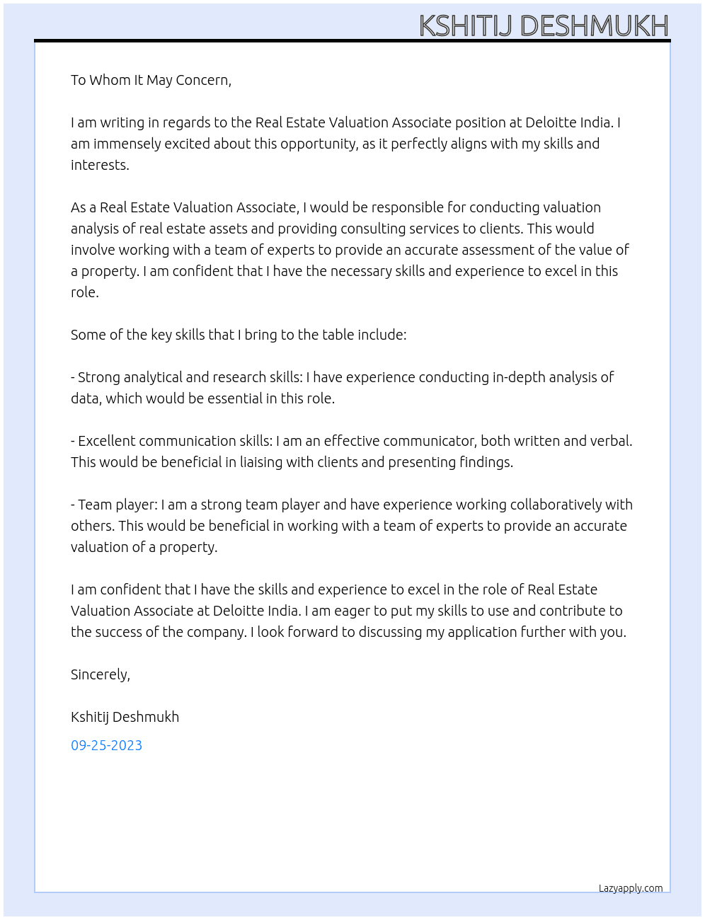 Real Estate Valuation Associate At Deloitte India Cover Letter
