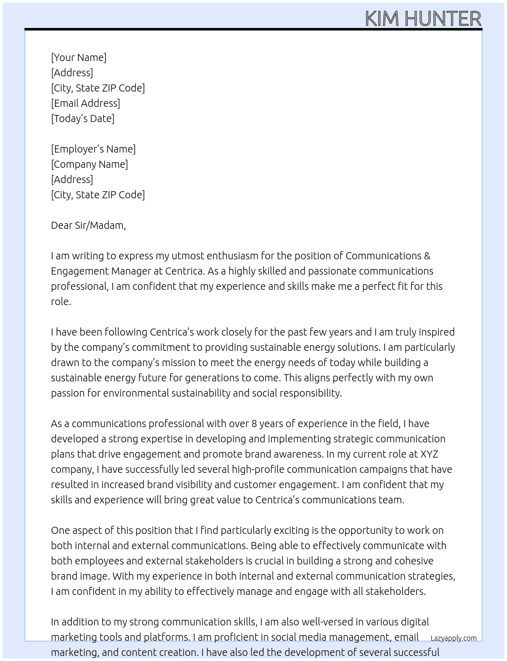 Communications & Engagement Manager At Centrica Cover Letter